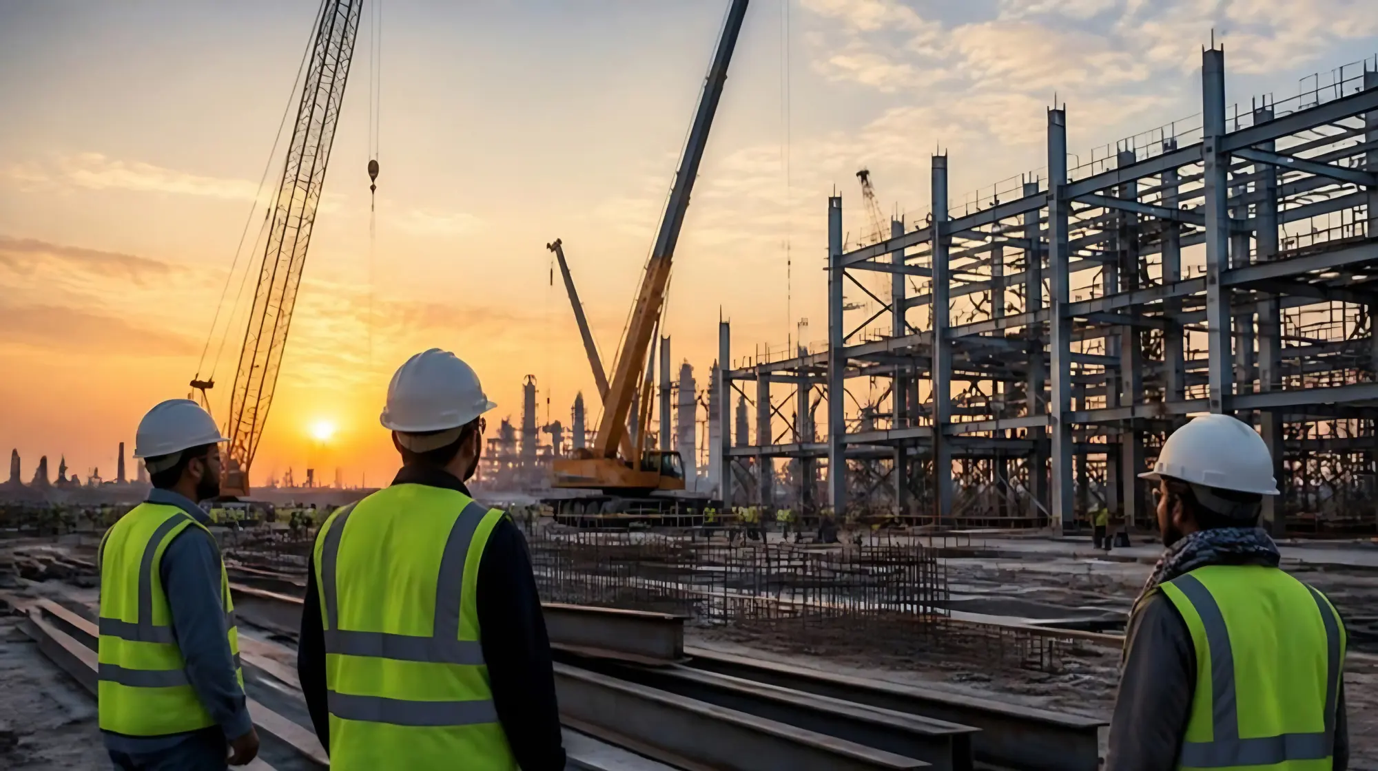 Construction supervisors in hi-vis on a steel-frame site at sunset