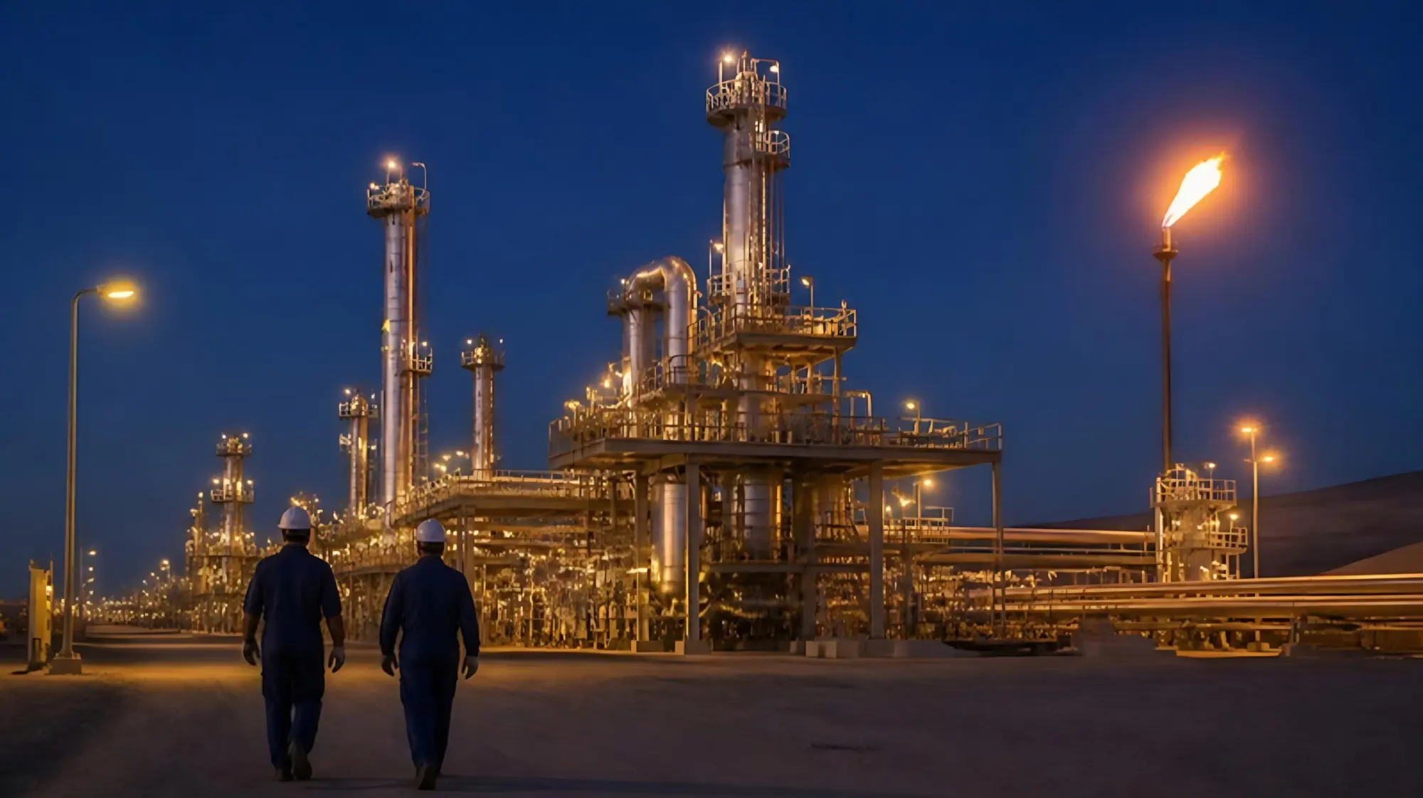 Gas processing plant at night with two workers in hard hats