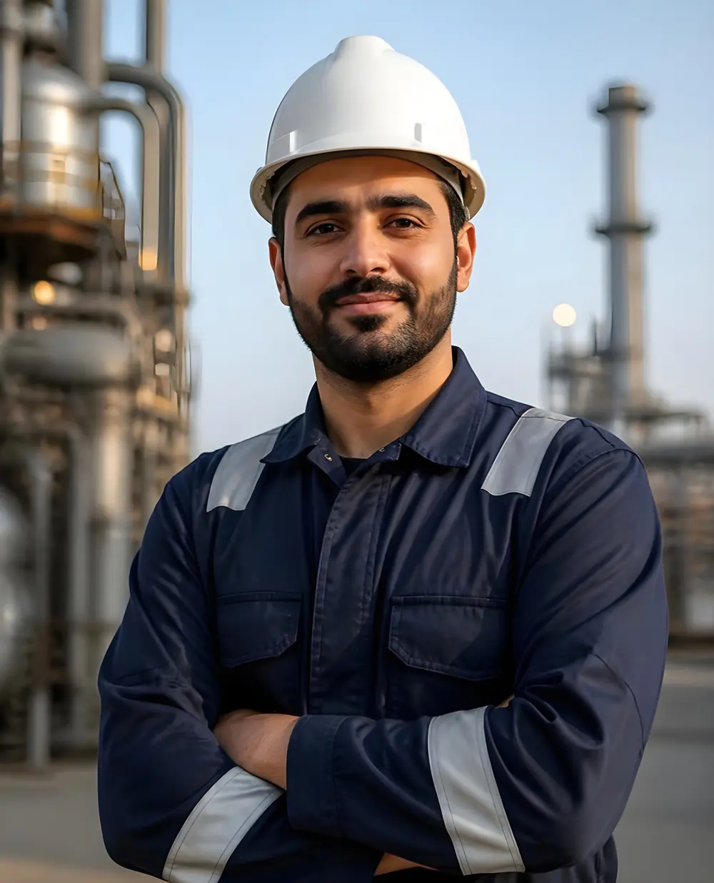 Field supervisor in a hard hat and navy coveralls at a plant