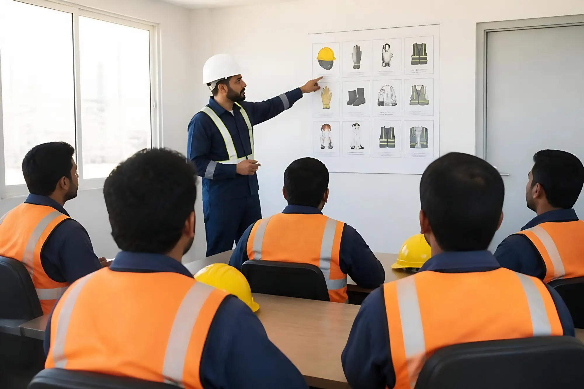 Safety training session for workers in hi-vis vests