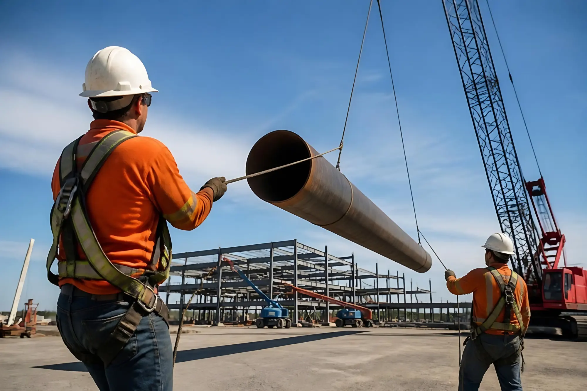 Rigger guiding a pipe lift on a construction site