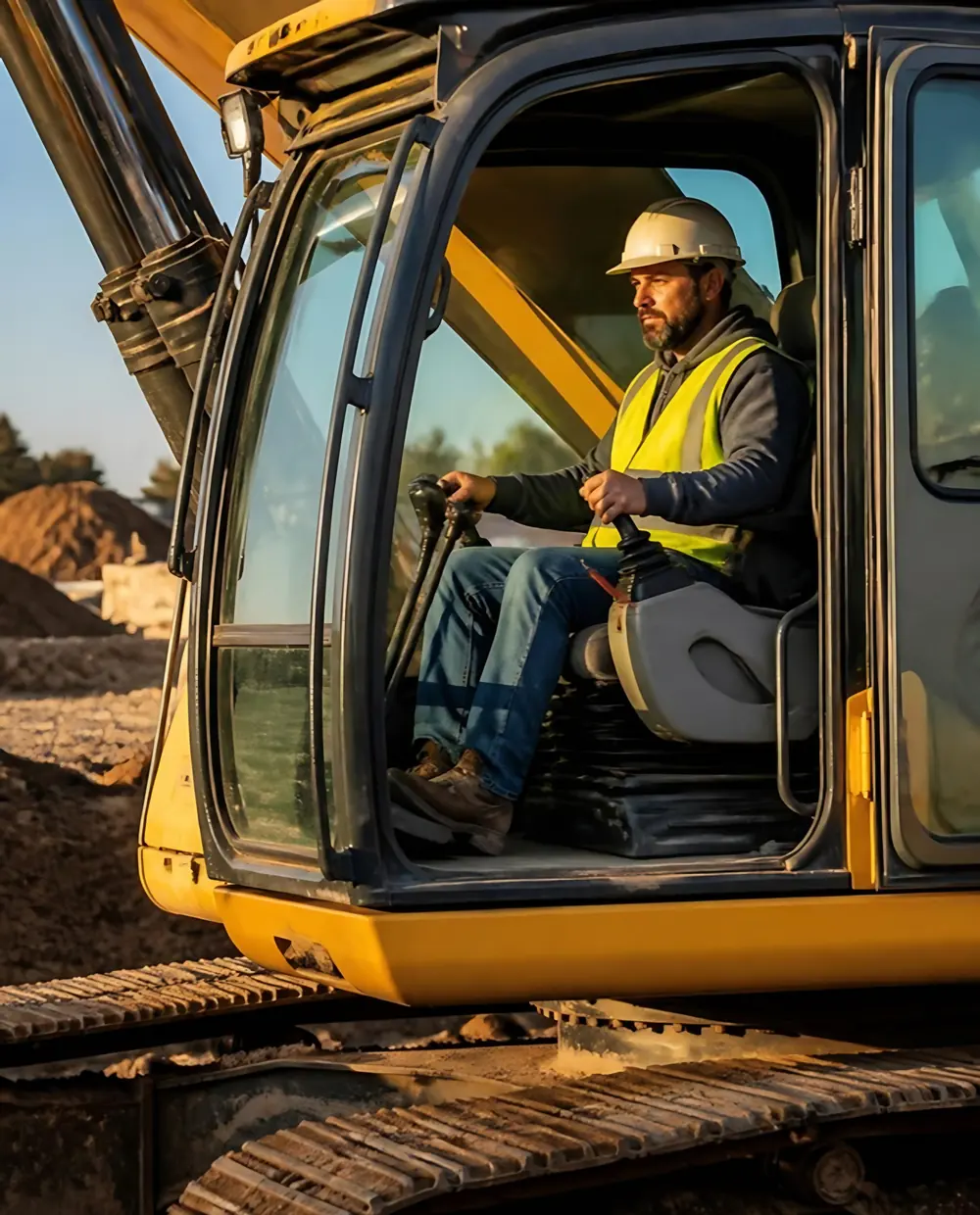Excavator operator in the cab wearing a hard hat