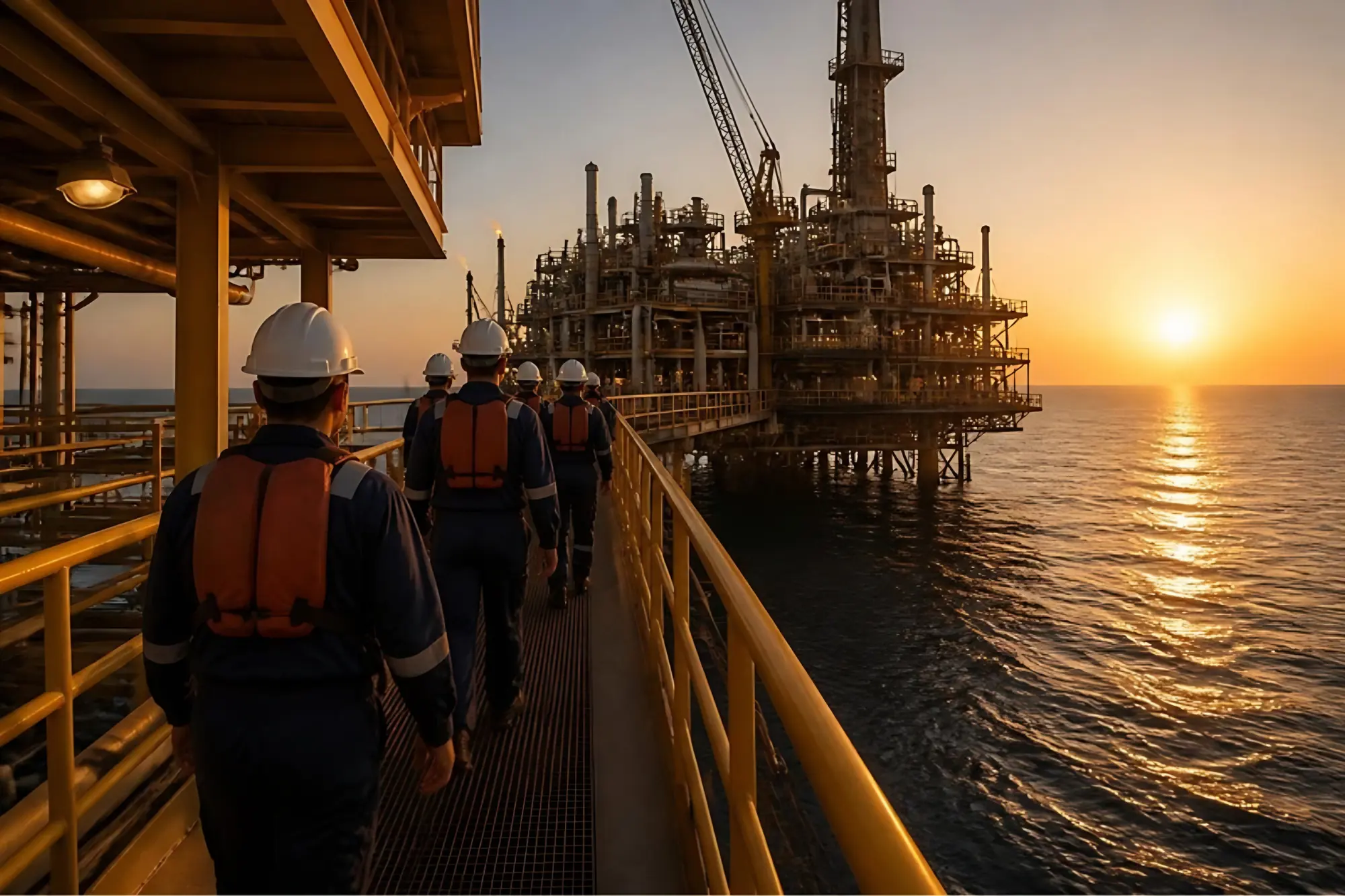 Offshore platform crew at sunset