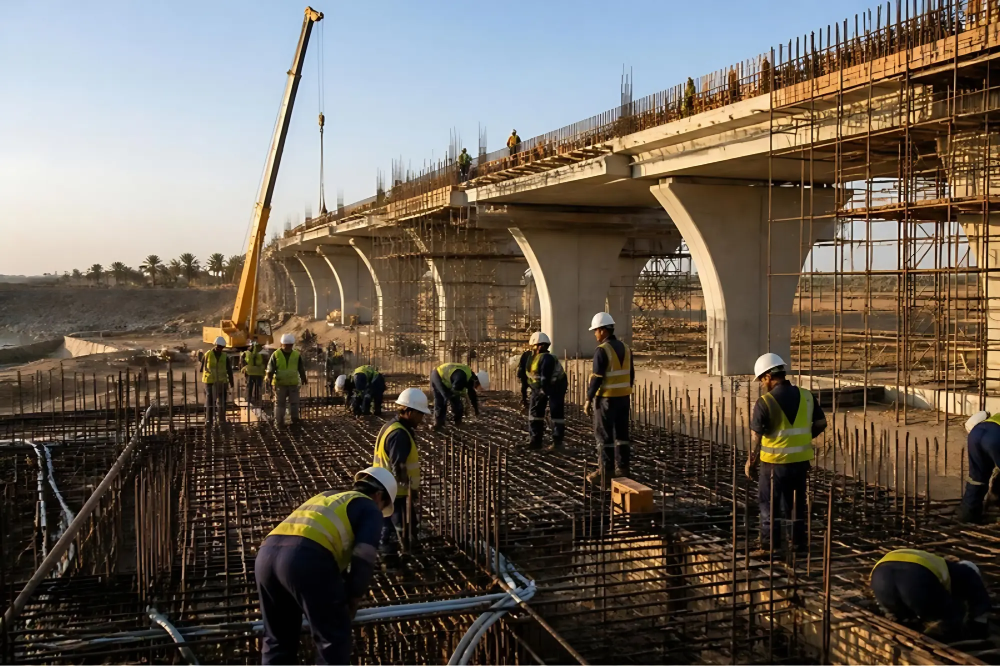 Crews working on a highway bridge under construction
