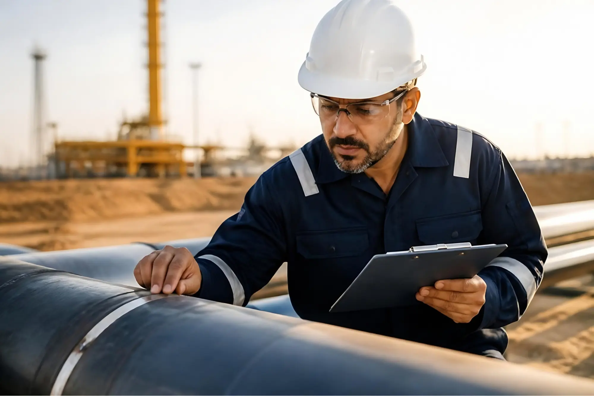 Inspector checking pipework with a clipboard