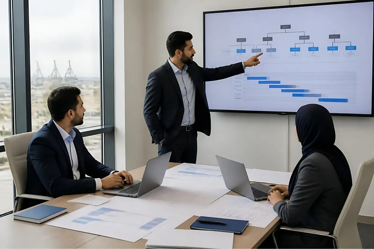 Workforce planning meeting in front of a project schedule