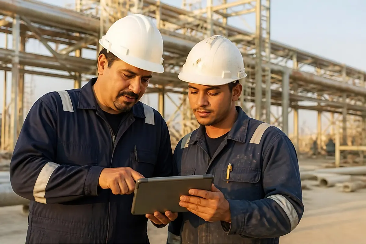 Supervisor coaching a technician on site with a tablet