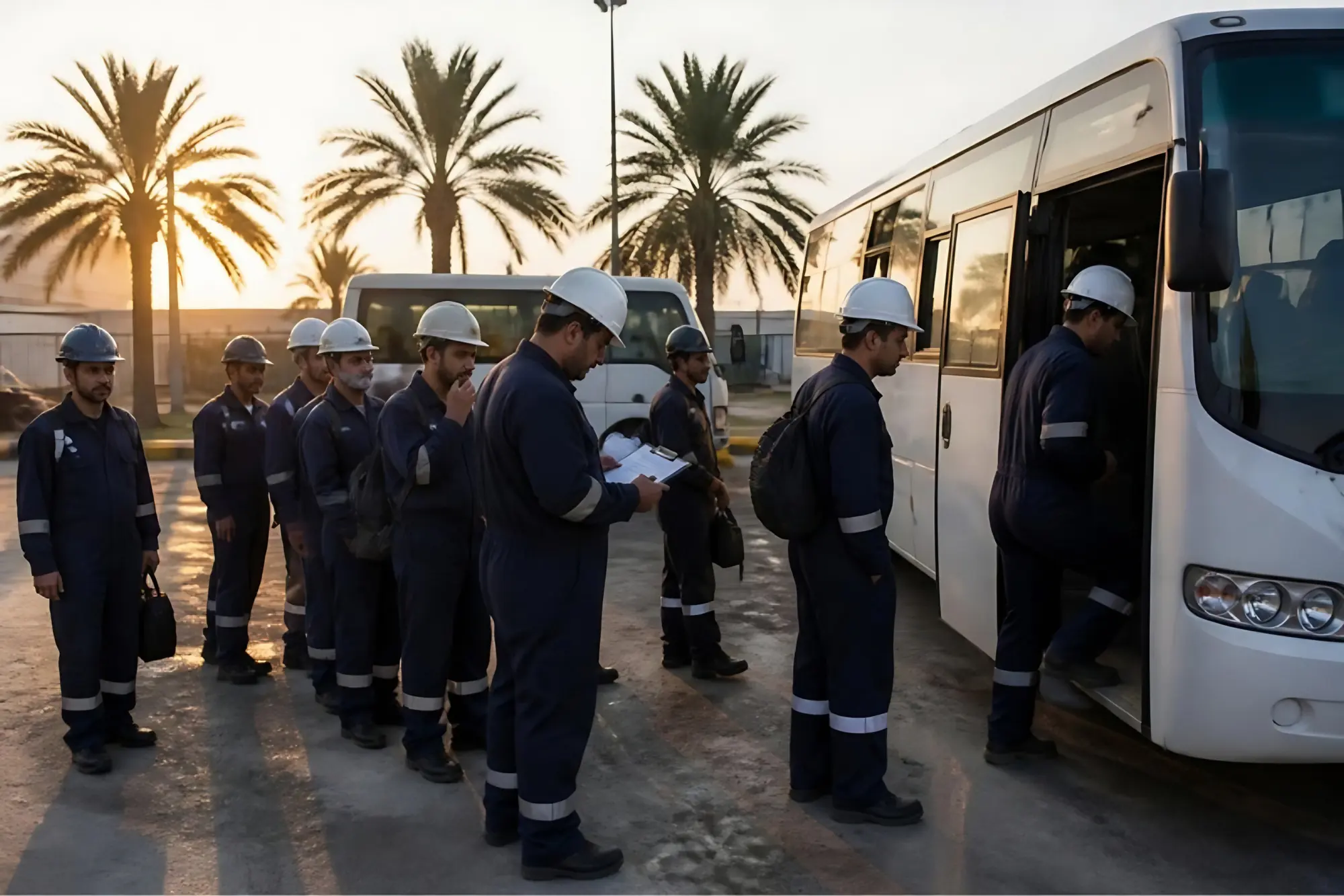 Crew in coveralls boarding a bus for mobilisation to site
